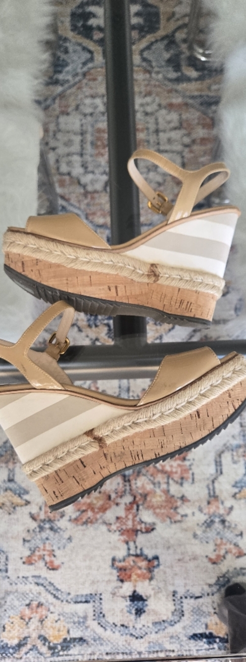 Prada Tan Beige Leather Espadrille Wedge Sandals Square Peep Toe Heels 40 - Picture 9 of 15